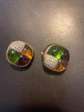 Multi-Color Glass Quartered Clip-On Earrings - Gold Accents